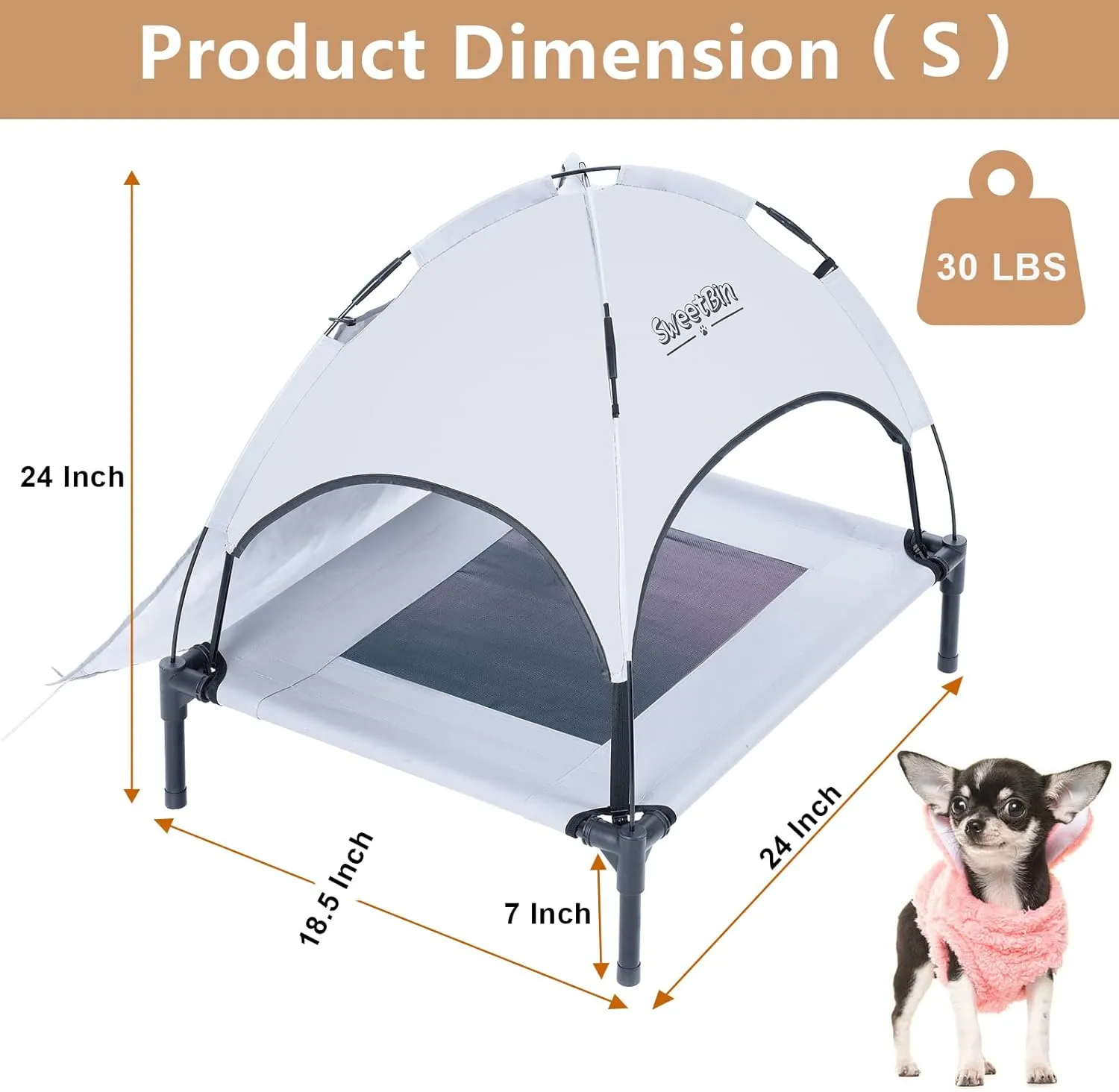 S/M/L Outdoor Elevated Dog Cot with Canopy & Side Shade for Camping Small Medium Dogs (Carry Bag), Portable Cooling Raised Dog Bed with and Side for Beach (S (24"x18"x24"), Grey)
