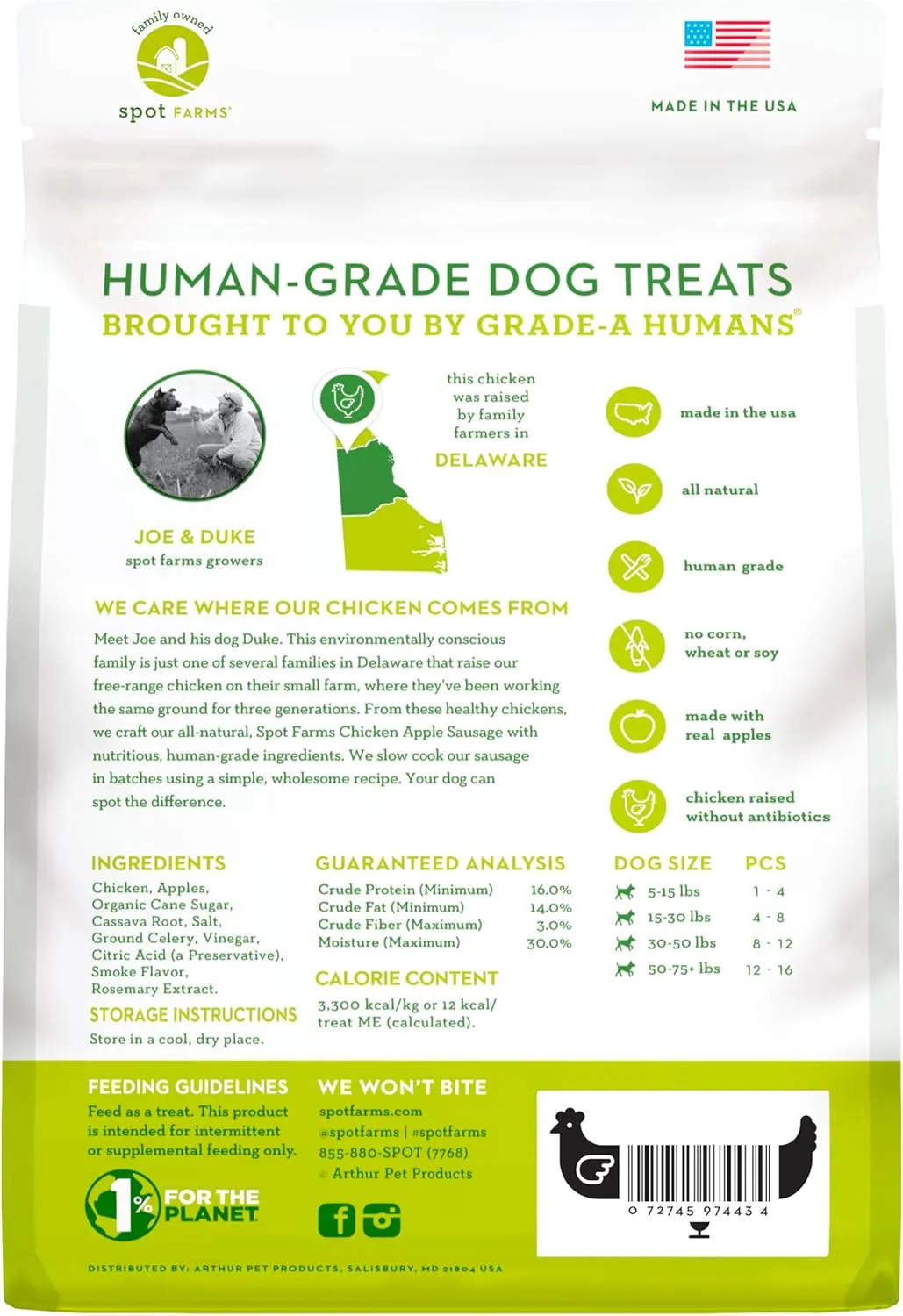 Spot Farms Chicken Apple Sausage Healthy All Natural Dog Treats Human Grade Made in USA 12.5 oz