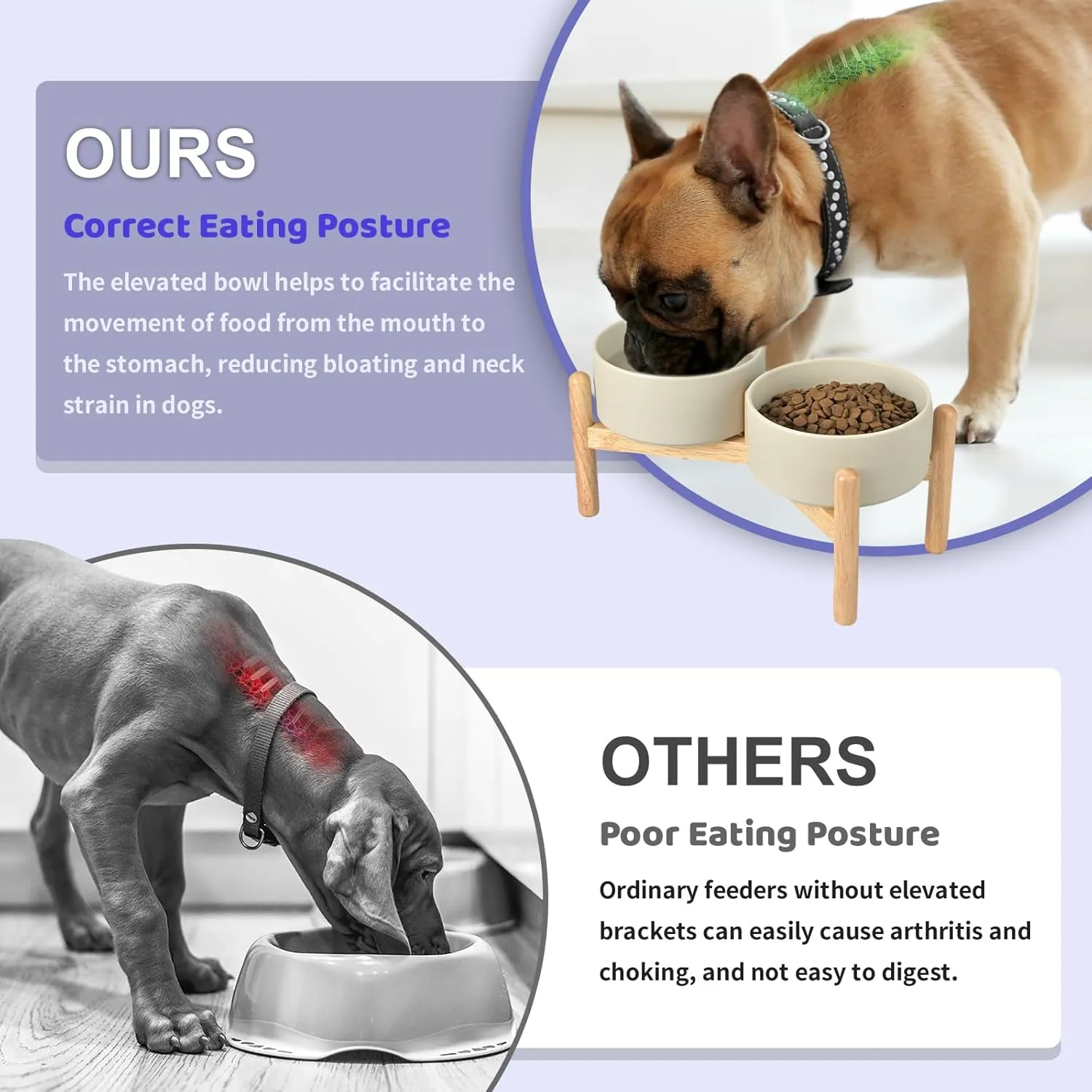 SPUNKYJUNKY Ceramics Raised Dog Bowls with Wooden Stand Elevated Dog Bowl for Small Medium Dog Food and Water Pet Feeding Bowl(Double 28.7OZ Bowls,Grey)