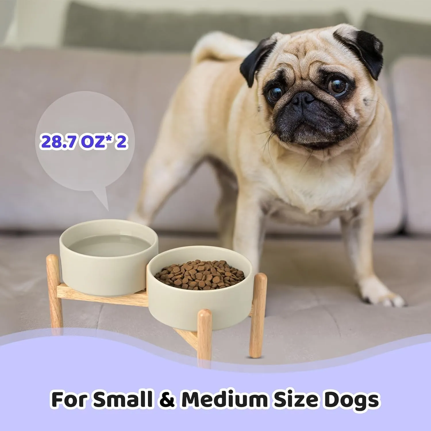 SPUNKYJUNKY Ceramics Raised Dog Bowls with Wooden Stand Elevated Dog Bowl for Small Medium Dog Food and Water Pet Feeding Bowl(Double 28.7OZ Bowls,Grey)