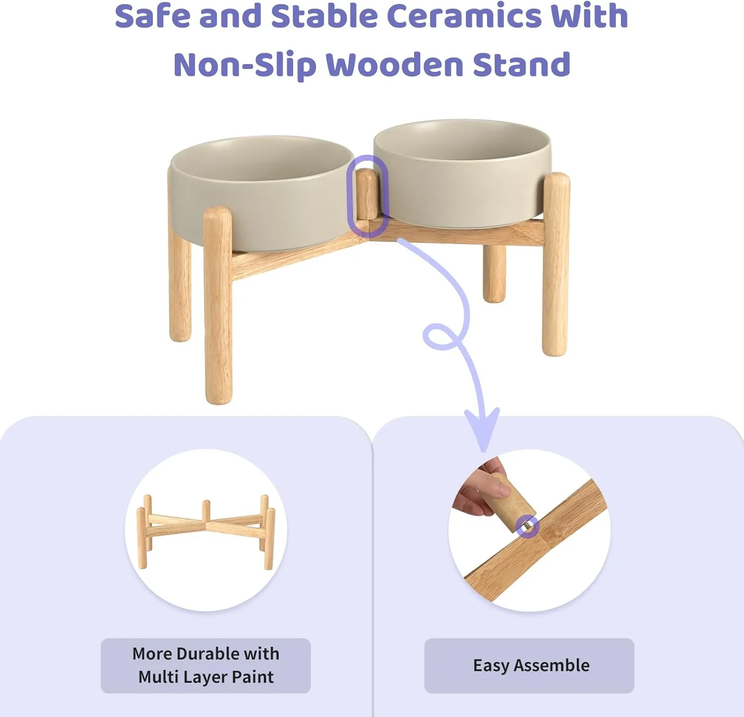 SPUNKYJUNKY Ceramics Raised Dog Bowls with Wooden Stand Elevated Dog Bowl for Small Medium Dog Food and Water Pet Feeding Bowl(Double 28.7OZ Bowls,Grey)