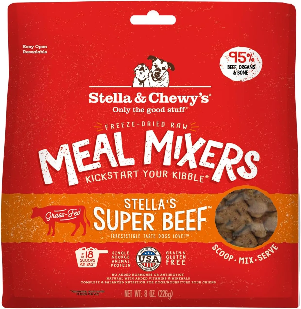Stella & Chewy's Freeze-Dried Raw Beef Meal Mixers- Dog Food Topper and Mixer - Made with 95% Grass-Fed Beef, Organs & Bone - Perfect for Picky Eaters - Grain-Free - 8 oz