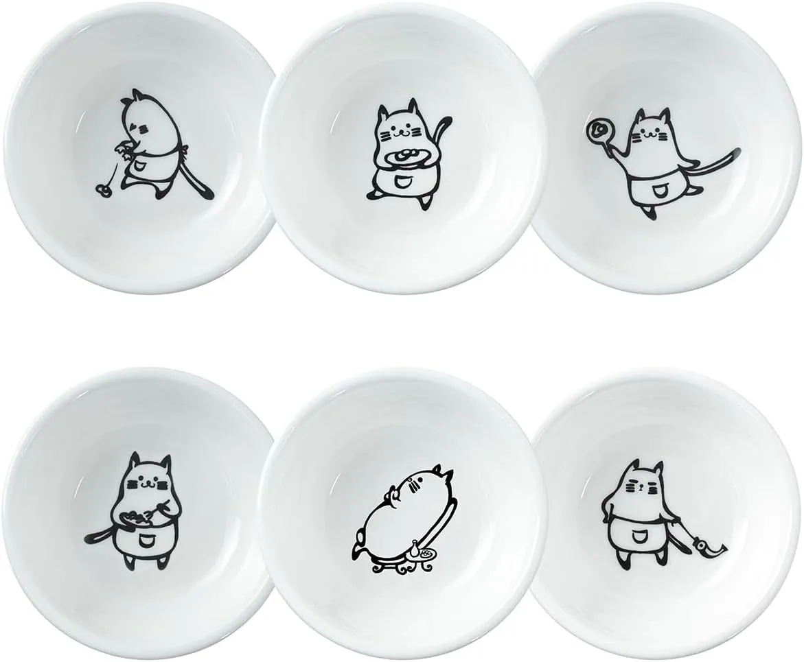 Super Cute Chef Cat Ceramic Sauce Dish/Seasoning Dish/Sushi Soy Dipping Bowl/Appetizer Plates/Serving Dish for Kitchen Home(Set of 6)