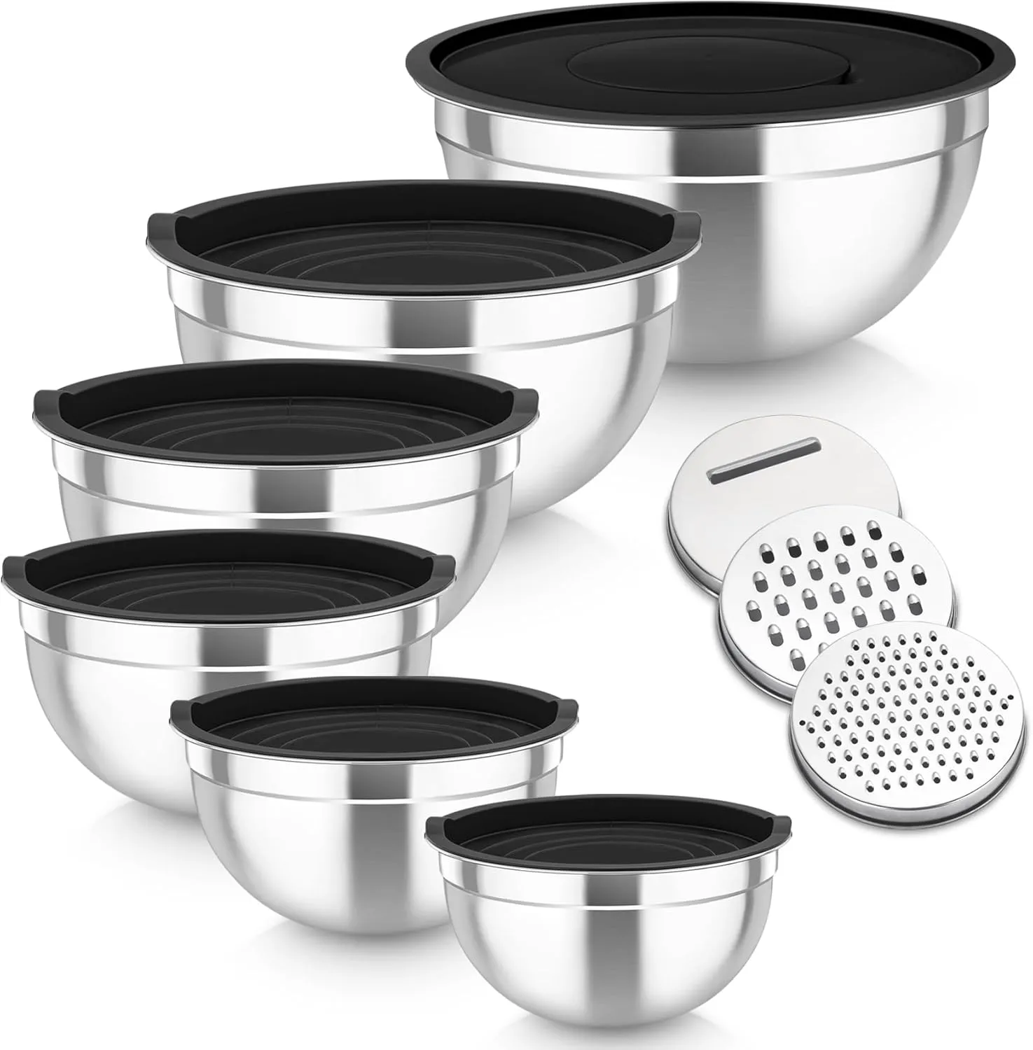 TeamFar Mixing Bowls Set of 6, Stainless Steel Nesting Mixing Salad Bowl with 3 Grater Attachments, for Food Cooking Prepping Storing, Black - Size 4.6/2.6/2 / 1.5/1 / 0.7 QT
