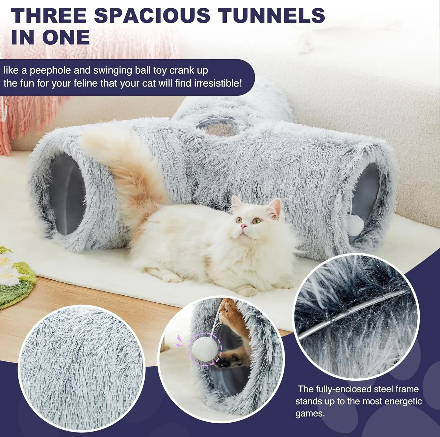 Tempcore Plush Pet Cat Tunnel Tube Cat Toys 3 Way Collapsible, Tunnels for Indoor CatsKitty Tunnel Bored Pet Toys Peek Hole Toy Ball Puppy, Kitty, Kitten, Rabbit Light Grey