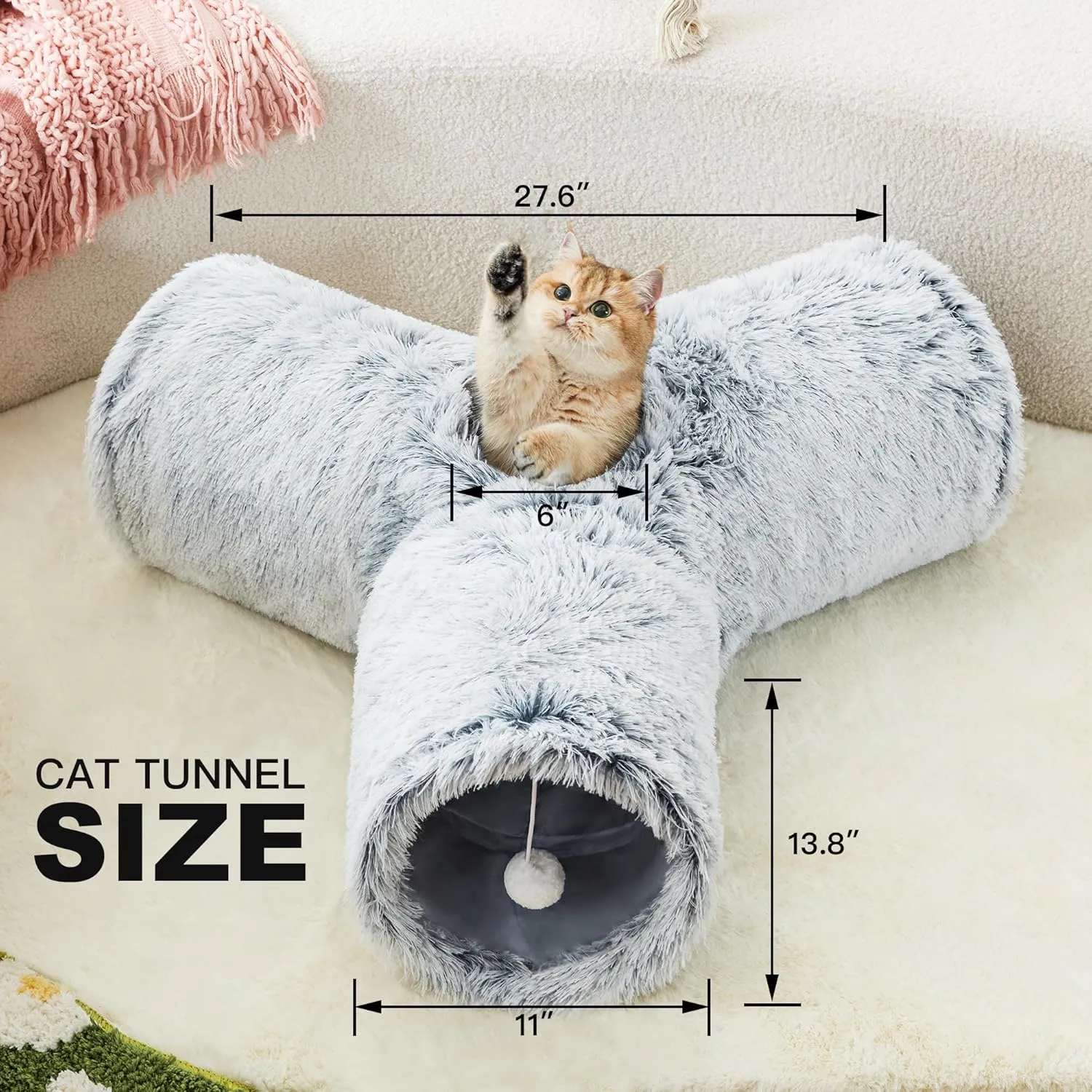 Tempcore Plush Pet Cat Tunnel Tube Cat Toys 3 Way Collapsible, Tunnels for Indoor CatsKitty Tunnel Bored Pet Toys Peek Hole Toy Ball Puppy, Kitty, Kitten, Rabbit Light Grey