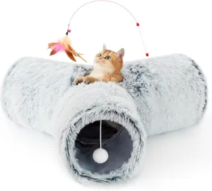 Tempcore Plush Pet Cat Tunnel Tube Cat Toys 3 Way Collapsible, Tunnels for Indoor CatsKitty Tunnel Bored Pet Toys Peek Hole Toy Ball Puppy, Kitty, Kitten, Rabbit Light Grey