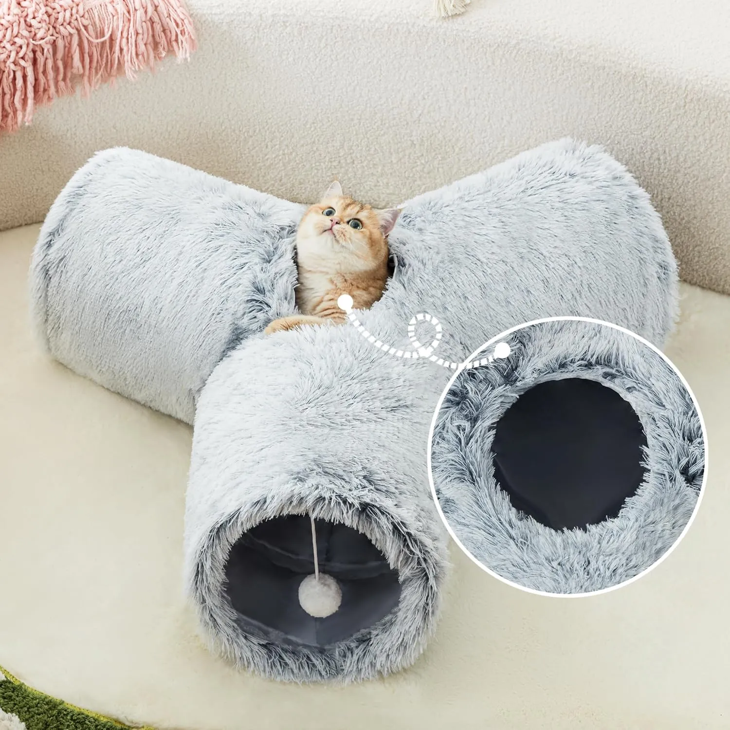Tempcore Plush Pet Cat Tunnel Tube Cat Toys 3 Way Collapsible, Tunnels for Indoor CatsKitty Tunnel Bored Pet Toys Peek Hole Toy Ball Puppy, Kitty, Kitten, Rabbit Light Grey