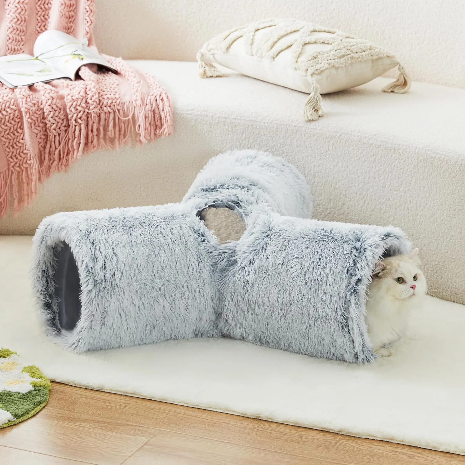 Tempcore Plush Pet Cat Tunnel Tube Cat Toys 3 Way Collapsible, Tunnels for Indoor CatsKitty Tunnel Bored Pet Toys Peek Hole Toy Ball Puppy, Kitty, Kitten, Rabbit Light Grey
