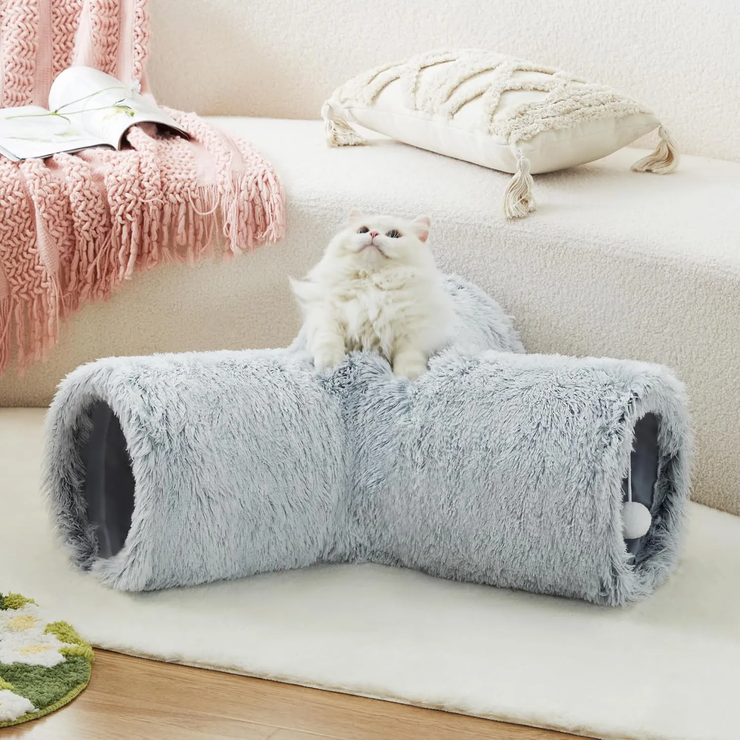 Tempcore Plush Pet Cat Tunnel Tube Cat Toys 3 Way Collapsible, Tunnels for Indoor CatsKitty Tunnel Bored Pet Toys Peek Hole Toy Ball Puppy, Kitty, Kitten, Rabbit Light Grey