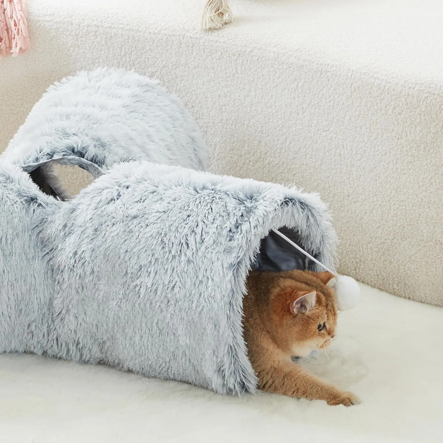 Tempcore Plush Pet Cat Tunnel Tube Cat Toys 3 Way Collapsible, Tunnels for Indoor CatsKitty Tunnel Bored Pet Toys Peek Hole Toy Ball Puppy, Kitty, Kitten, Rabbit Light Grey