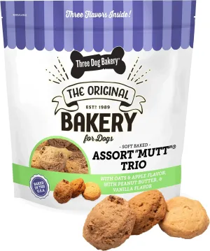 Three Dog Bakery Assort"Mutt" Trio, 48oz  Delicious Dog Treats With Oats, Apple, Peanut Butter & Vanilla, Premium Dog Training Treats, Puppy Treats