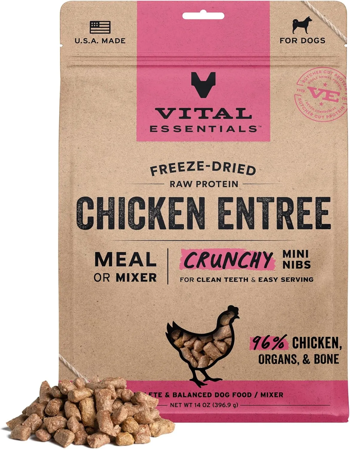 Vital Essentials Freeze-Dried Raw Chicken Entree & Mixer Dog Food Crunchy Mini Nibs, 14 oz