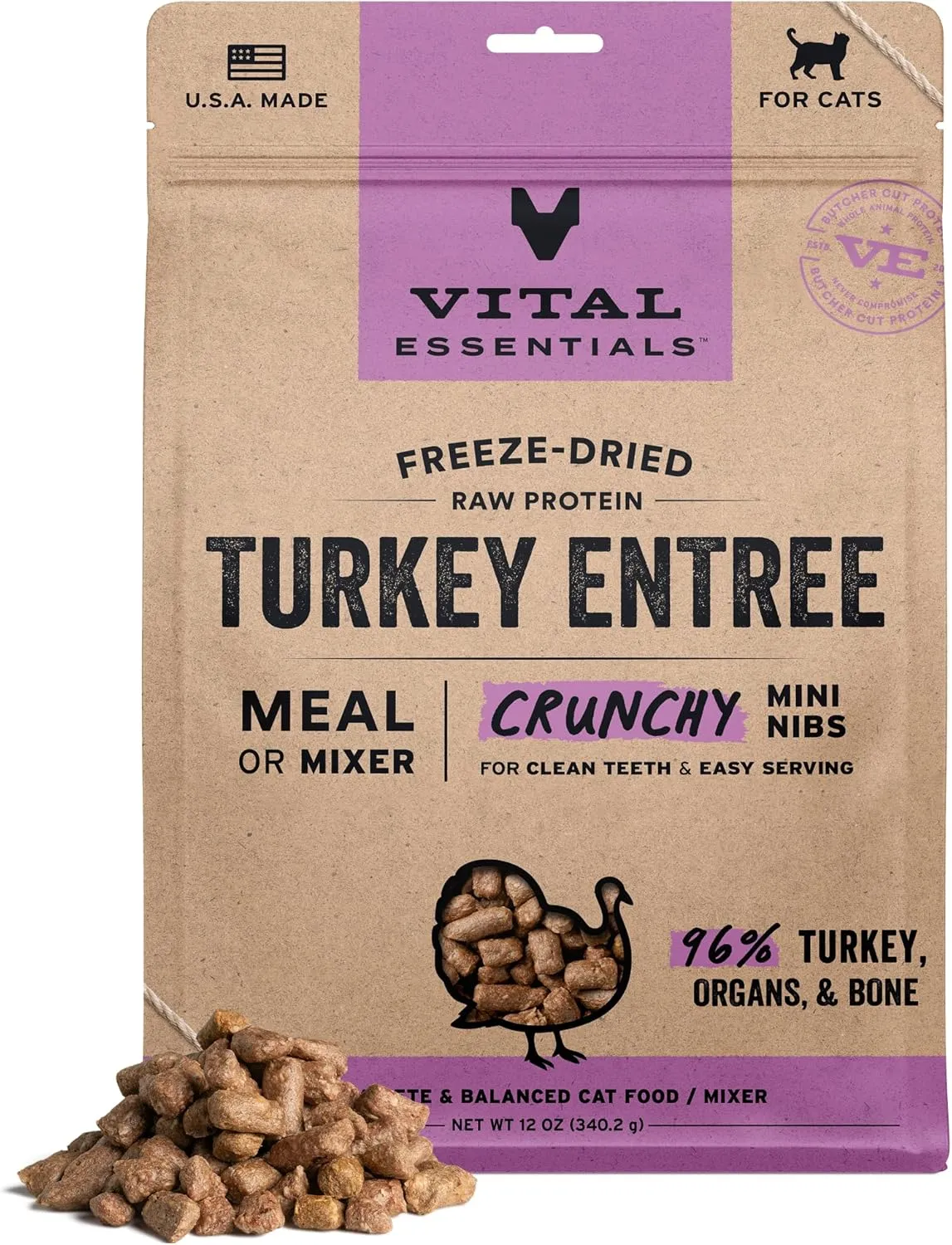 Vital Essentials Freeze-Dried Raw Turkey Entree & Mixer Cat Food Crunchy Nibs, 12 oz