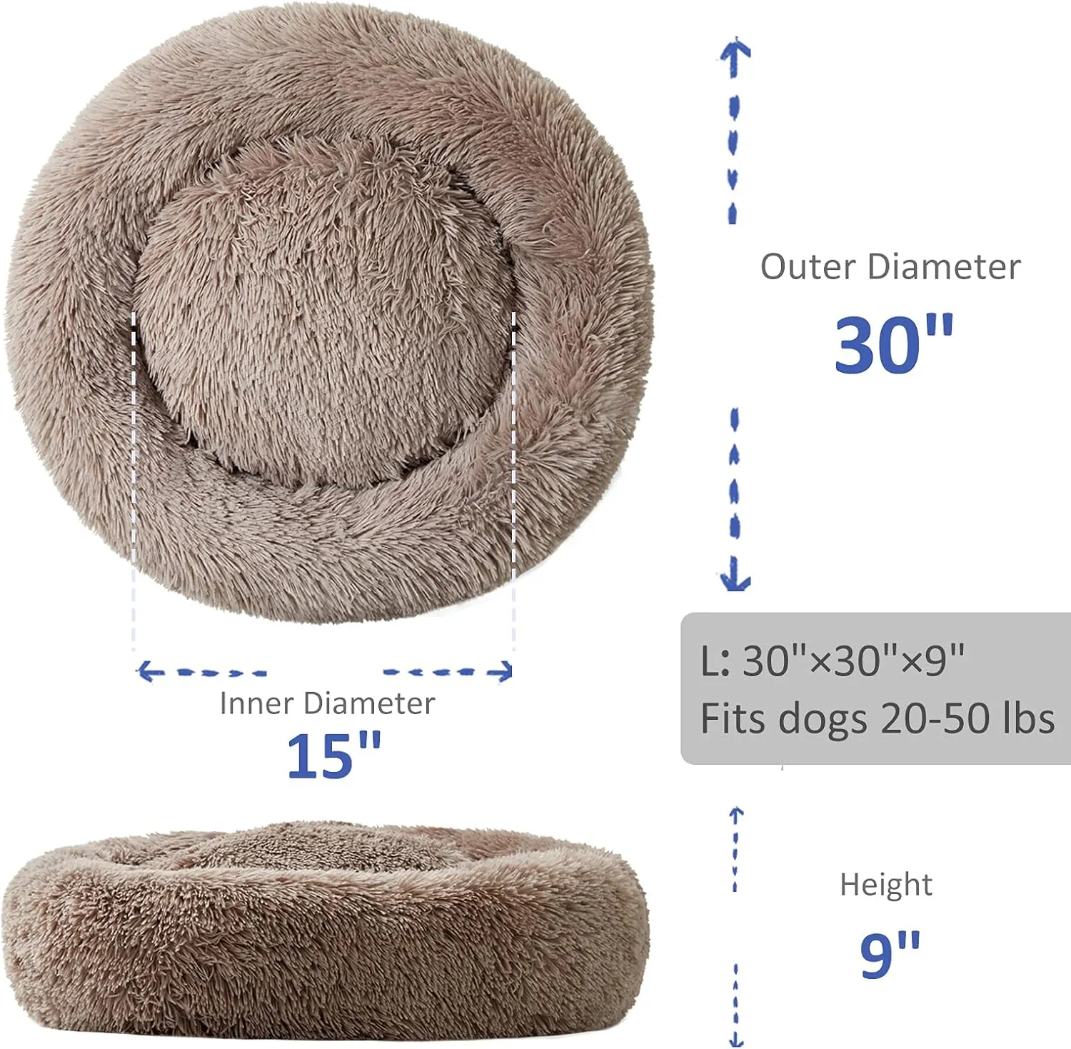 Washable Dog Round Bed - Small Donut Dog Bed, Comfy Calming Cuddler