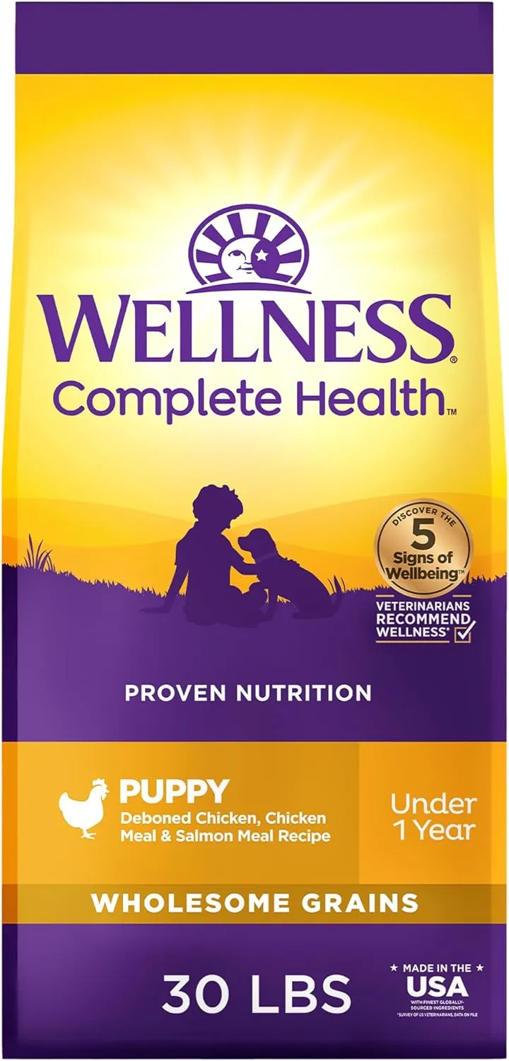 Wellness Complete Health Puppy Dry Dog Food, Wholesome Grains, Natural, Chicken, Oatmeal, & Salmon Recipe, (30-Pound Bag)
