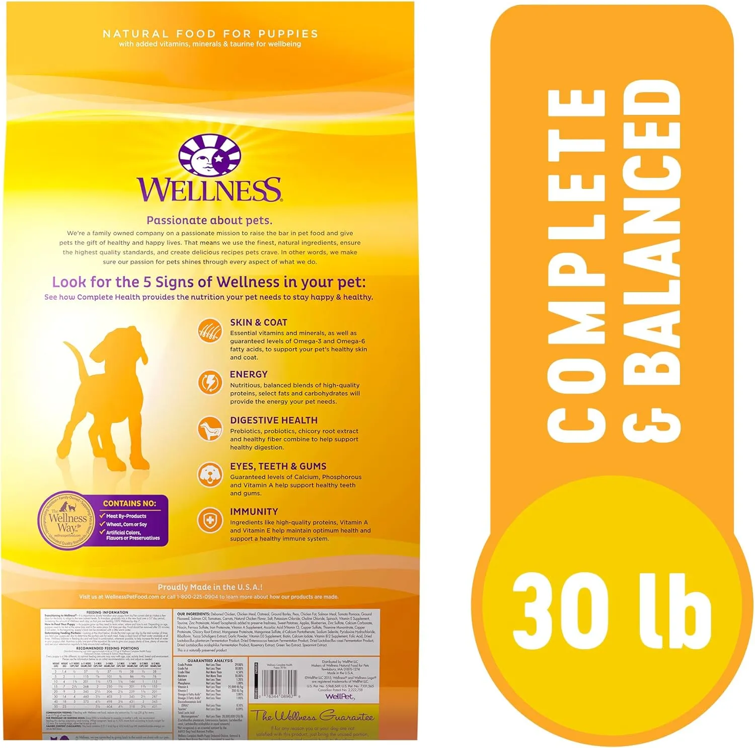 Wellness Complete Health Puppy Dry Dog Food, Wholesome Grains, Natural, Chicken, Oatmeal, & Salmon Recipe, (30-Pound Bag)