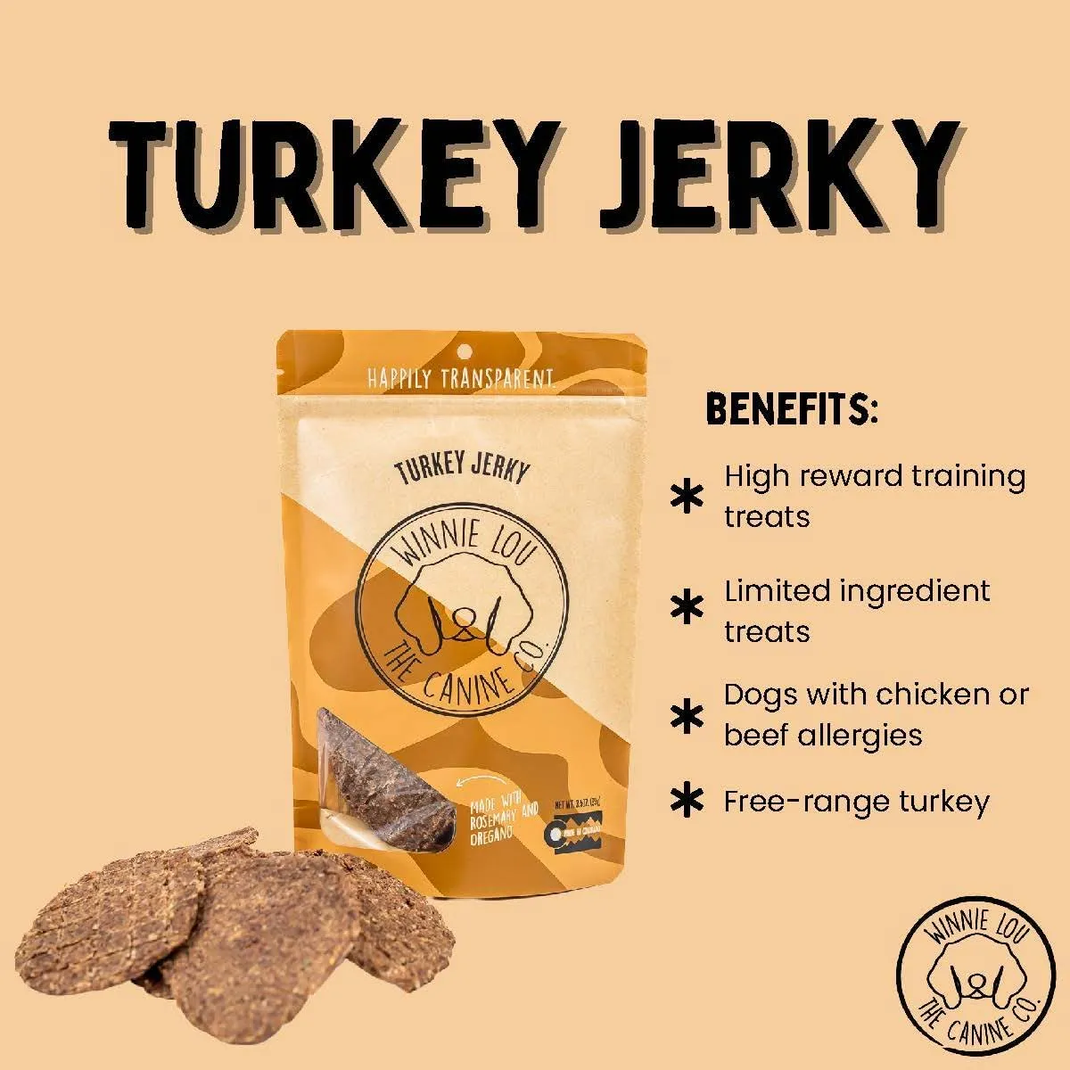 Winnie Lou Organic Turkey Jerky Dog Treats - Human Grade, All Natural, Healthy, Made in USA (2 Pack)